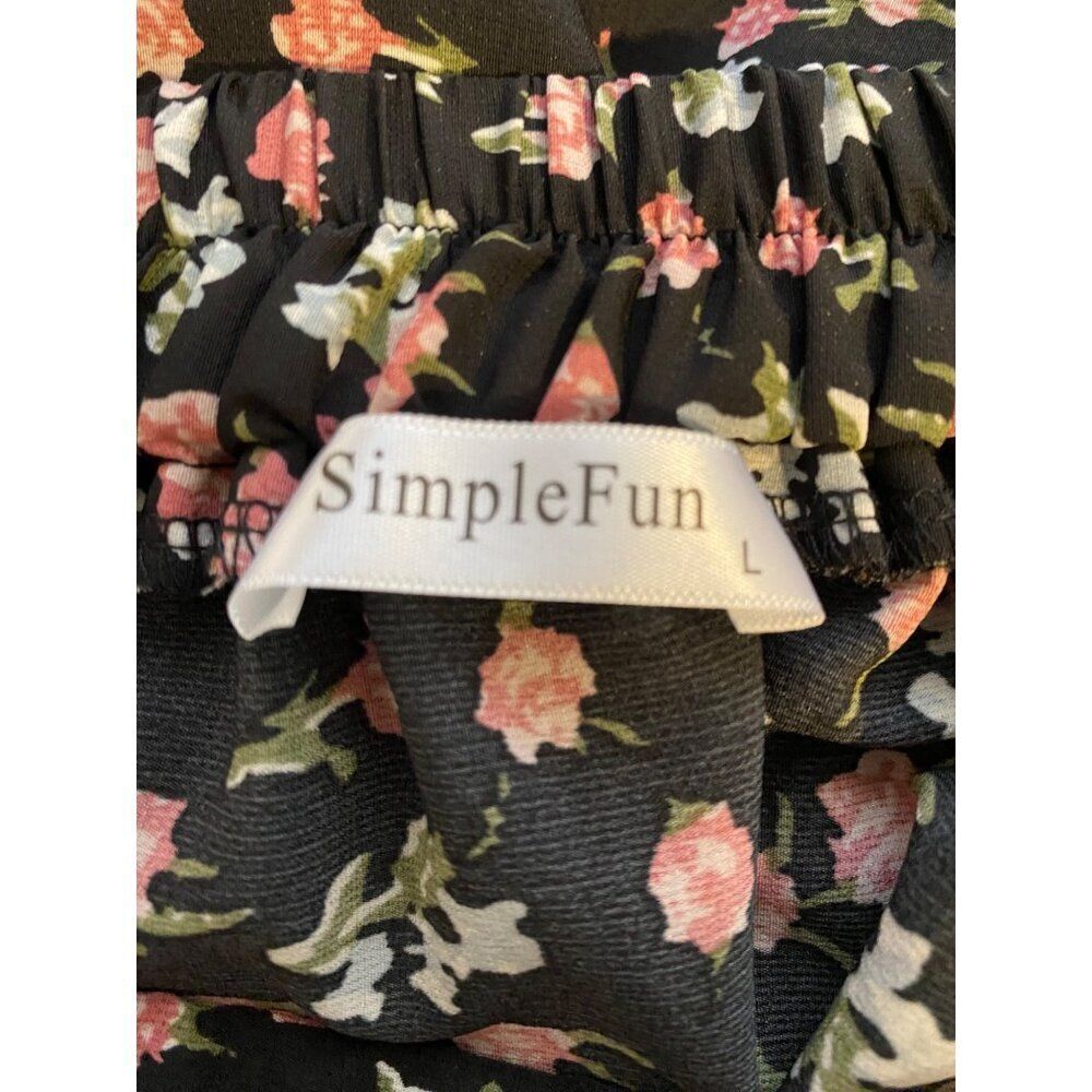 Simple Fun Floral Print Maxi Skirt L High Low Hem Back Elastic Waistb Black/Pink - Picture 3 of 7